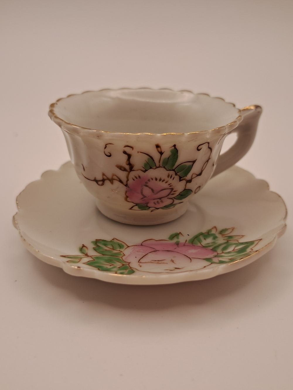 Vintage Miniature Teacup Saucer Set Hand Painted Pink Floral Gold Trim Japan